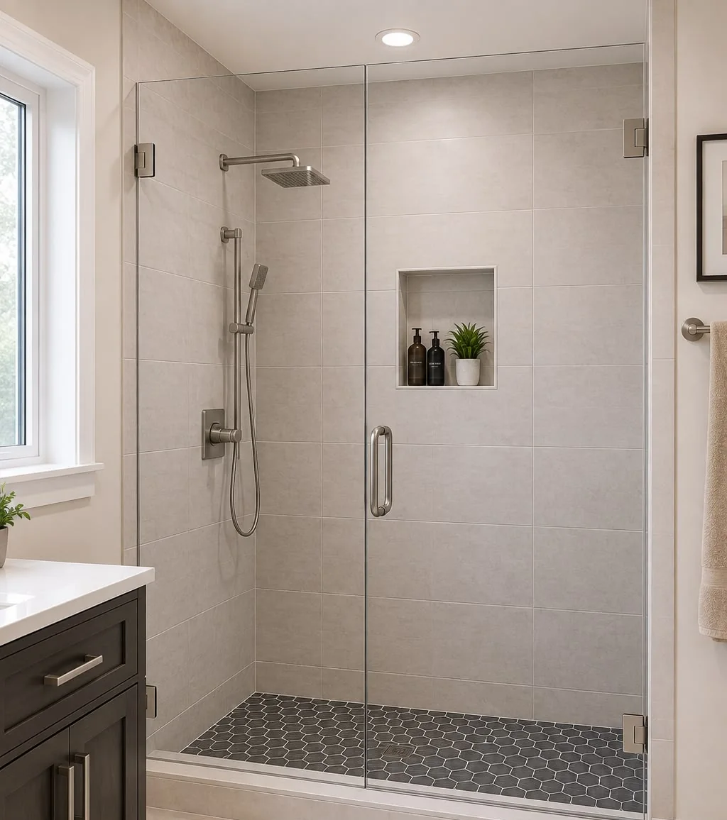 Frameless glass shower enclosure with brushed nickel hardware